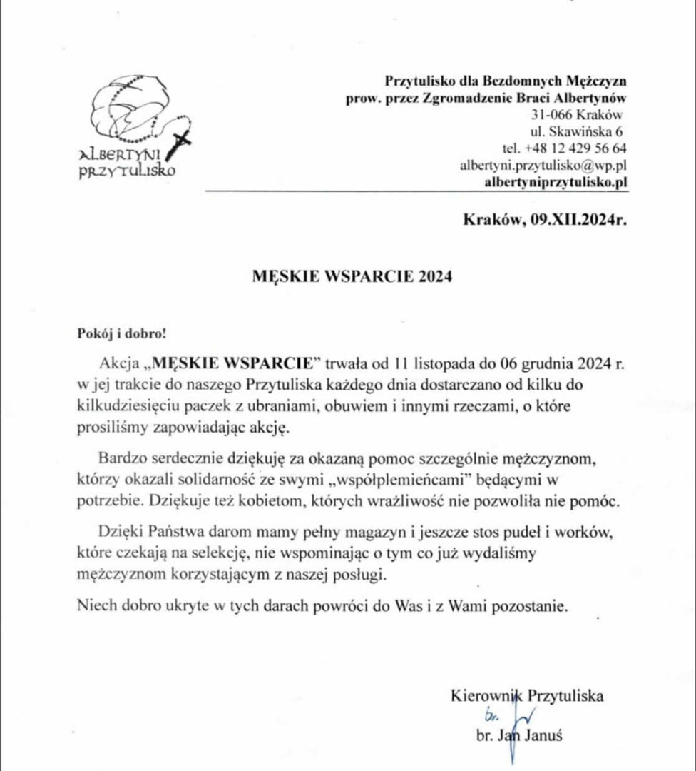 Podziękowanie za akcję "Męskie wsparcie" od krakowskiego Przytuliska Braci Albertynów dla Stowarzyszenia na rzecz Chłopców i Mężczyzn